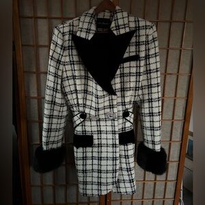 Nana Jacqueline Plaid Tweed Faux Fur Blazer Pea Coat